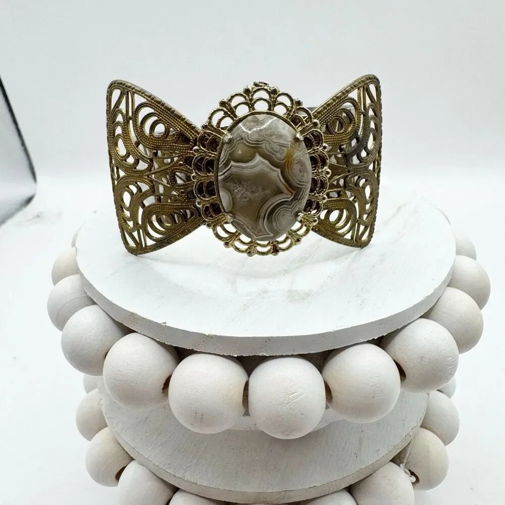 Filigree Bow Cuff Bracelet With Agate Geode Cabachon Center Bohemian Boho